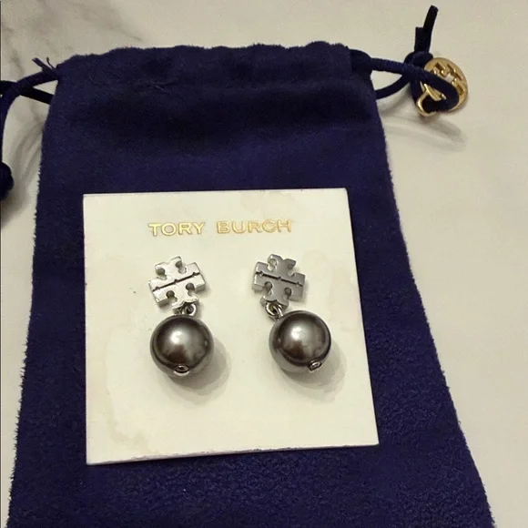 EUC Tory Burch Logo Pearl Drop Earrings - Picture 3 of 7